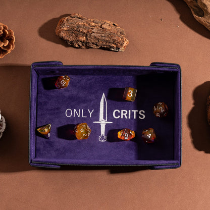 Only Crits Guildmaster Dice Tray in purple showcasing a complete tabletop RPG dice set