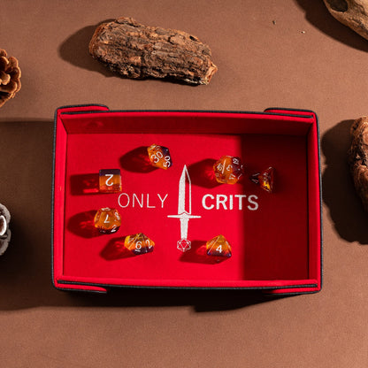 Only Crits Guildmaster Dice Tray in red with RPG dice arranged on the soft-lined rolling surface