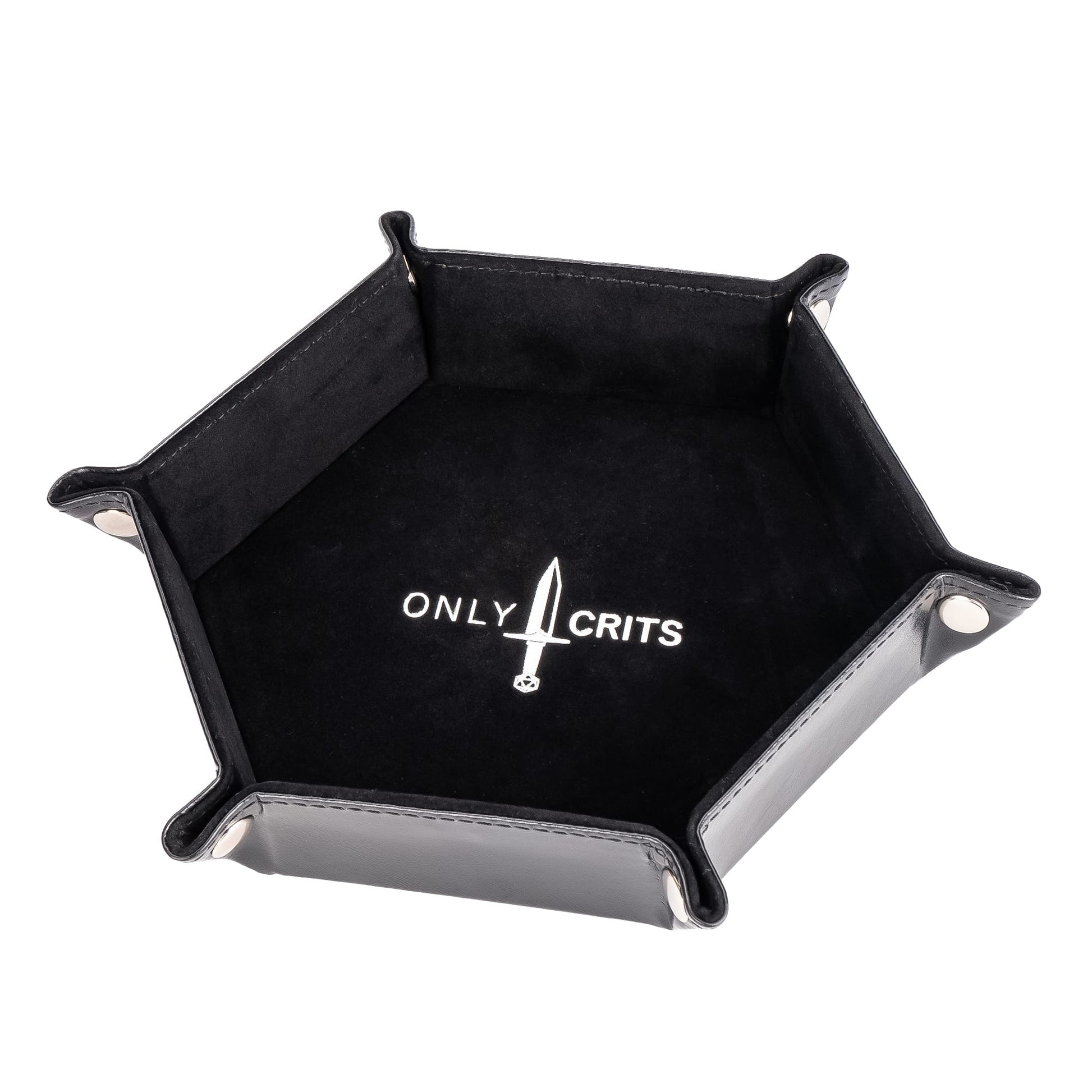 Black hexagon dice tray with Only Crits logo, angled side view