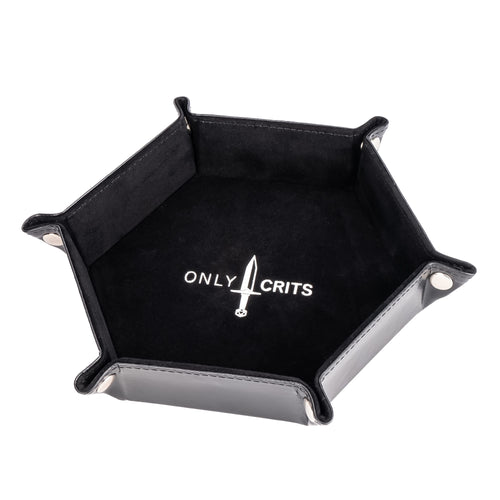 Black hexagon dice tray with Only Crits logo, angled side view