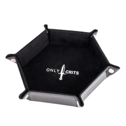 Black hexagon dice tray with Only Crits logo, angled side view