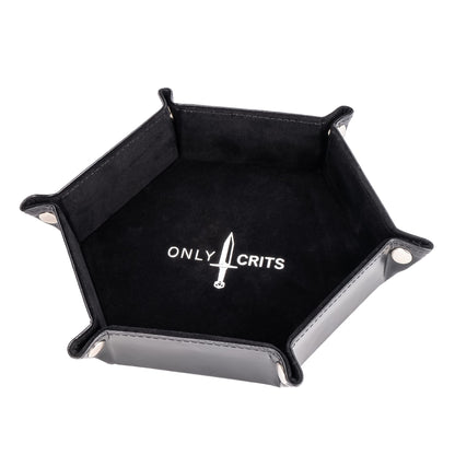 Black hexagon dice tray with Only Crits logo, angled side view