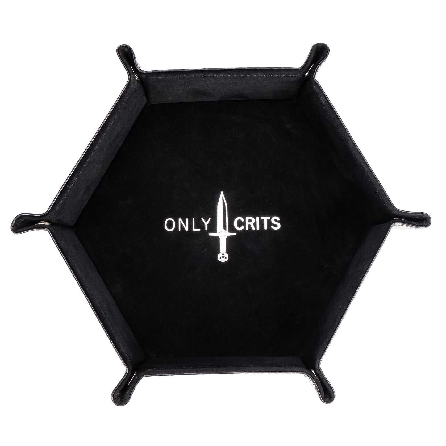 Black hexagon dice tray with Only Crits logo, assembled view from above