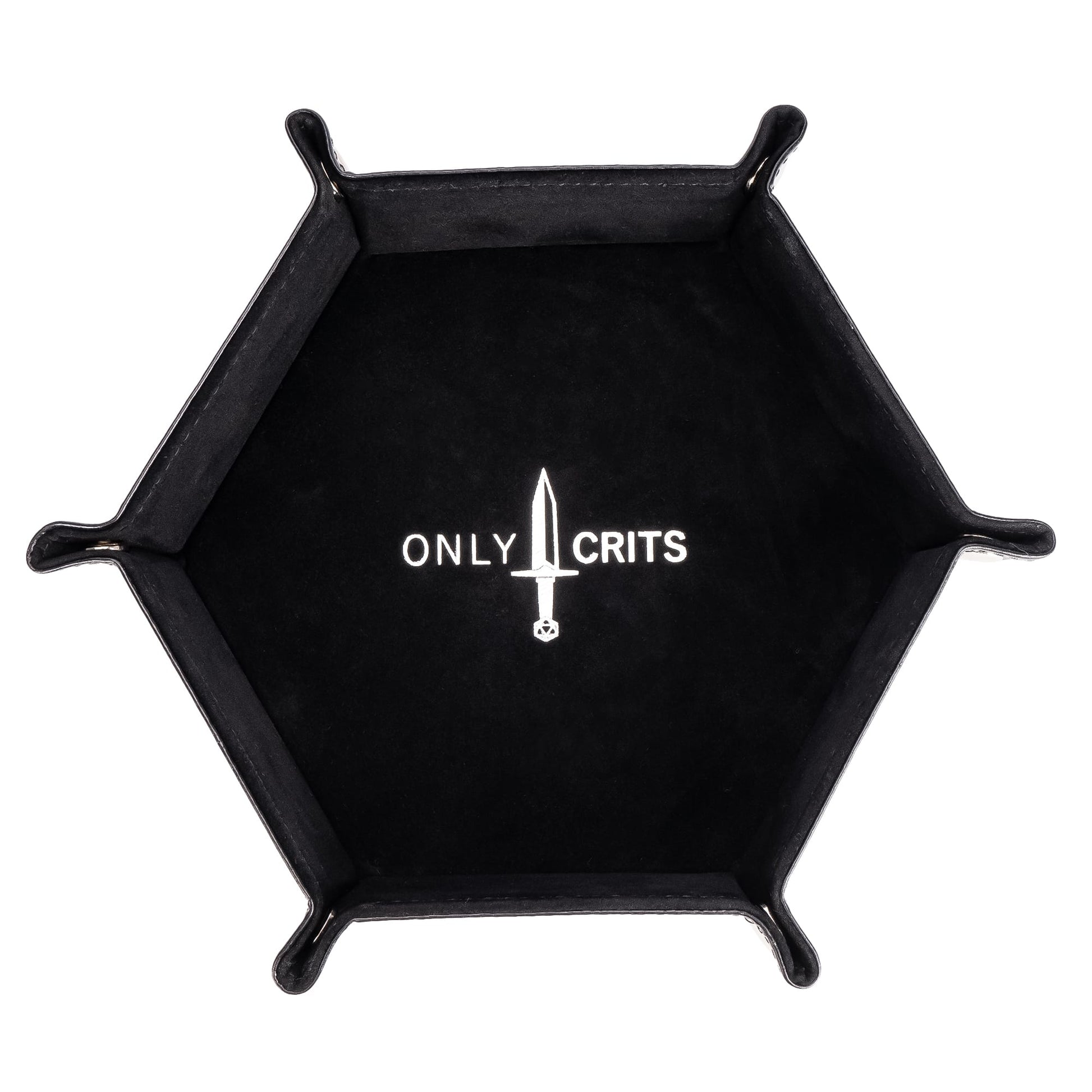 Black hexagon dice tray with Only Crits logo, assembled view from above