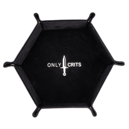 Black hexagon dice tray with Only Crits logo, assembled view from above