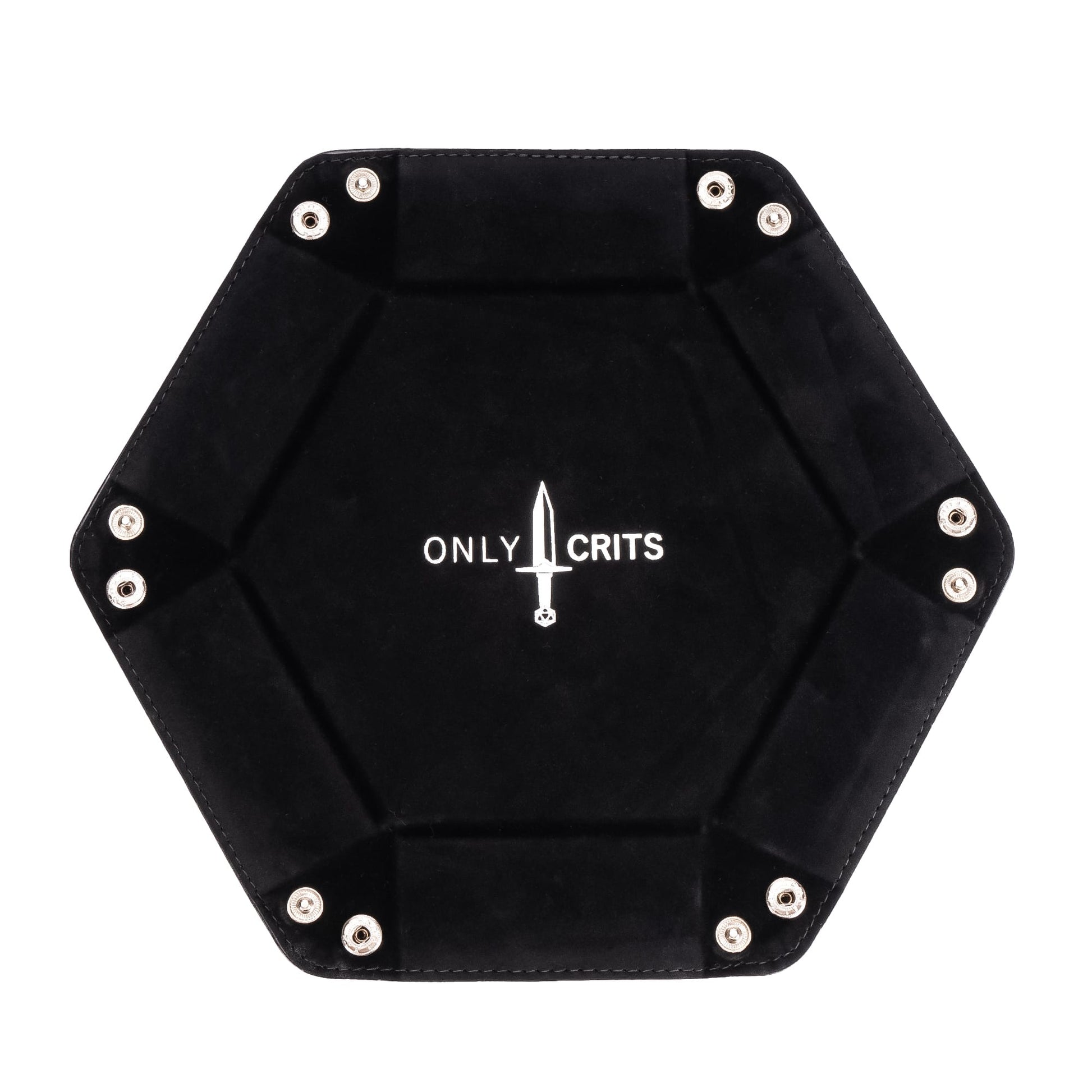 Black hexagon dice tray with Only Crits logo, flat and unfolded