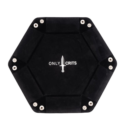 Black hexagon dice tray with Only Crits logo, flat and unfolded