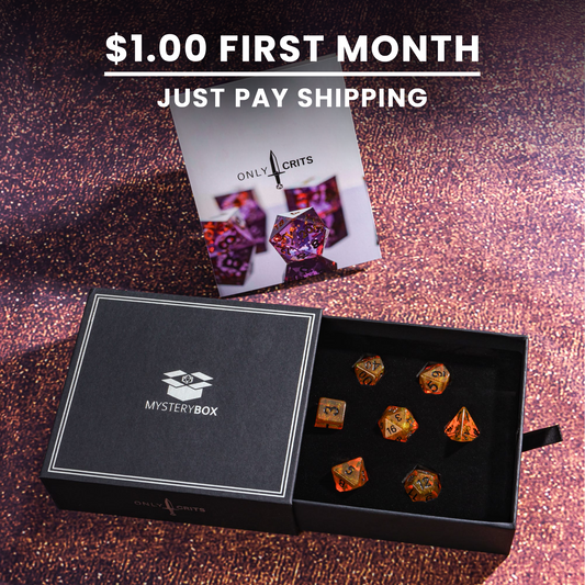 Mystery box with dice and promotional text for a subscription service on a glittery background.