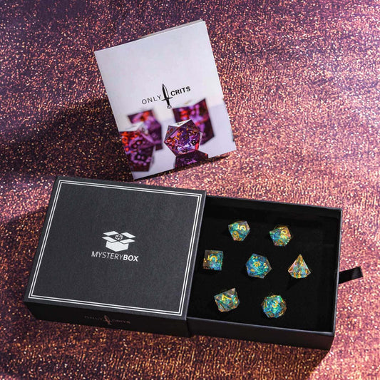Only Crits Mystery Box open with sharp edge resin dice on purple background