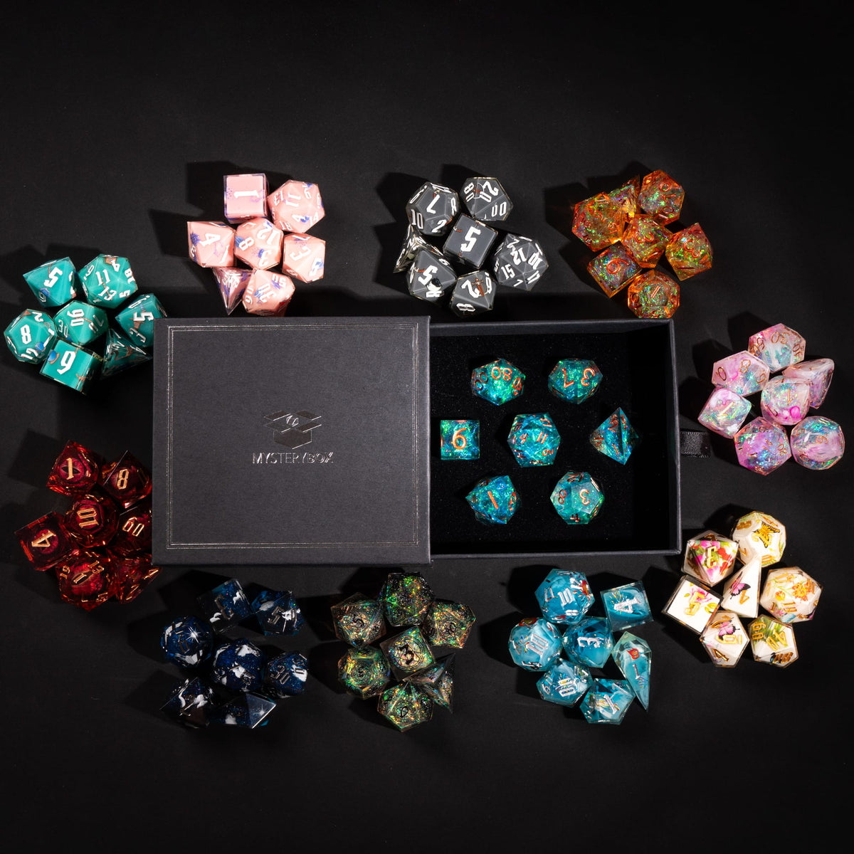 Example sharp edge dice sets from the Premium Mystery Box