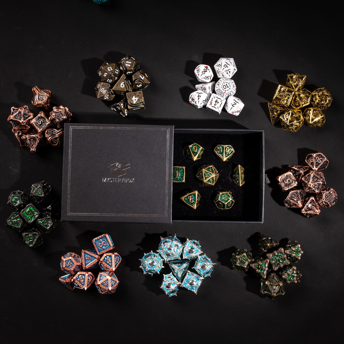 Example metal dice sets from the Premium Mystery Box