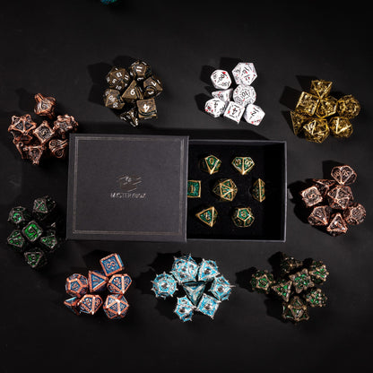 Example metal dice sets from the Premium Mystery Box