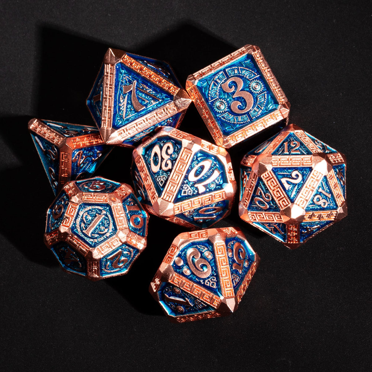 Example Premium pull: copper and blue enamel metal dice set