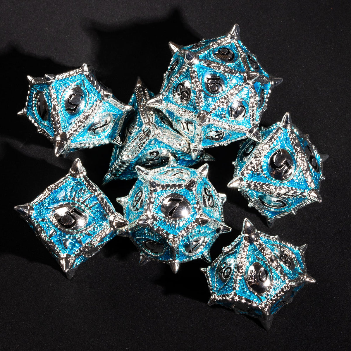 Example Premium pull: spiked silver and blue metal dice set