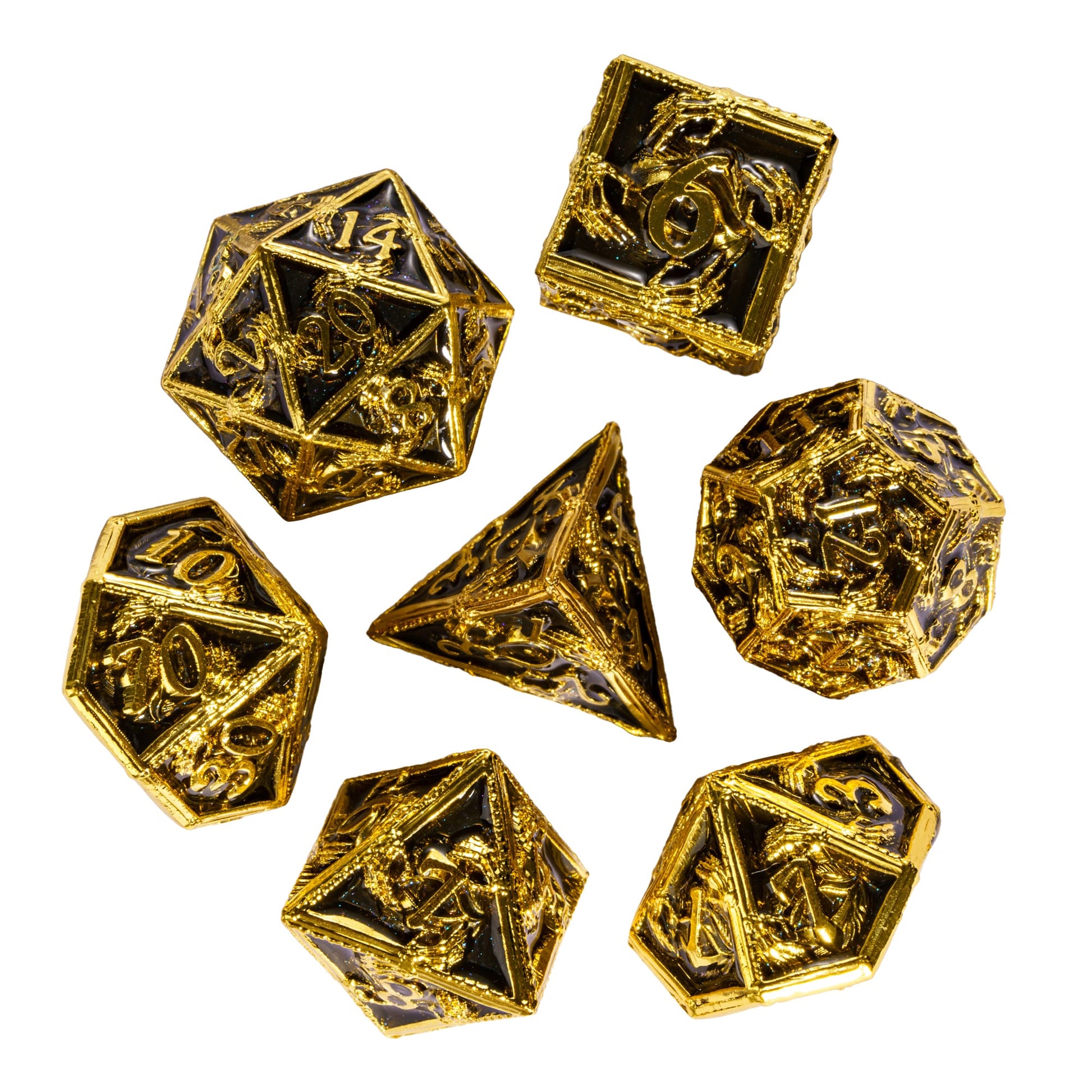 Onyx Crypt Metal Dice Set full 7-piece polyhedral RPG dice set in black & gold