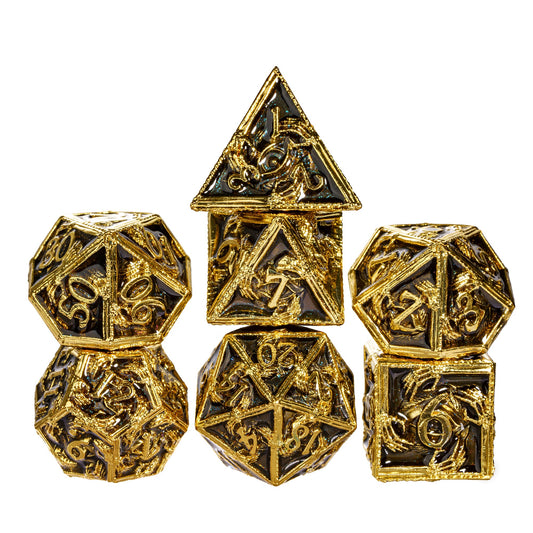 Onyx Crypt Metal Dice Set stacked RPG dice in black & gold for tabletop games