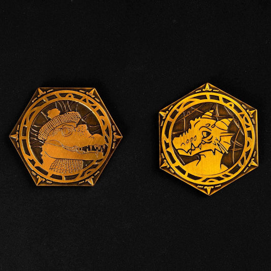 Metal Pack Tactics Coin featuring kobold and gator engraved character sides for tabletop RPG inspiration
