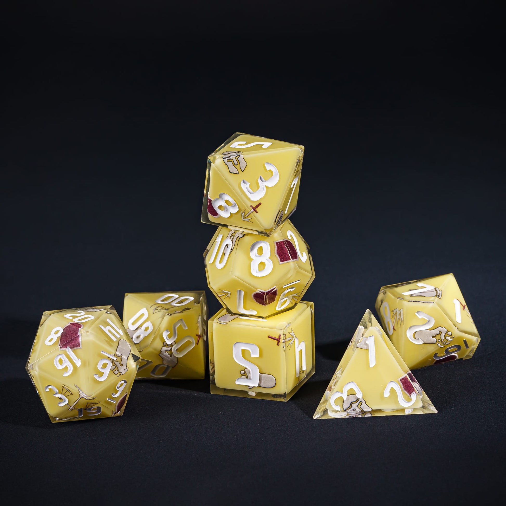 Yellow Paladin Dice Set, 7 piece pastel sharp edge dice for DND 5e players