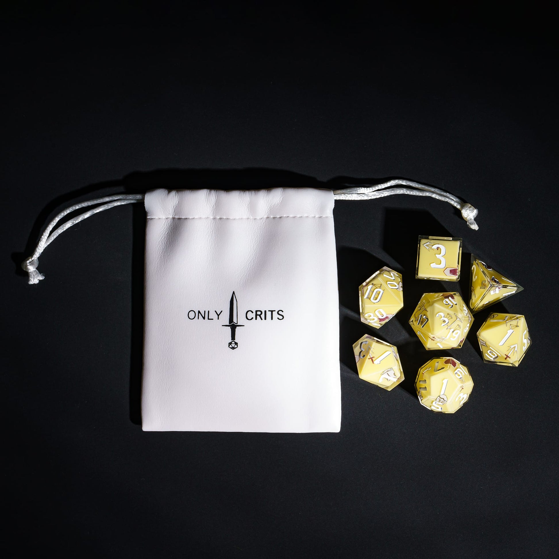 Yellow Paladin Dice Set with Only Crits bag, pastel 7 piece sharp edge dice for DND 5e