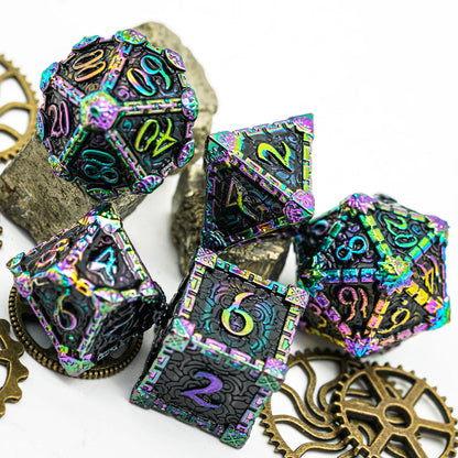 Patrons Dark Orb metal dagger dice set for DnD & TTRPG, top view with gears