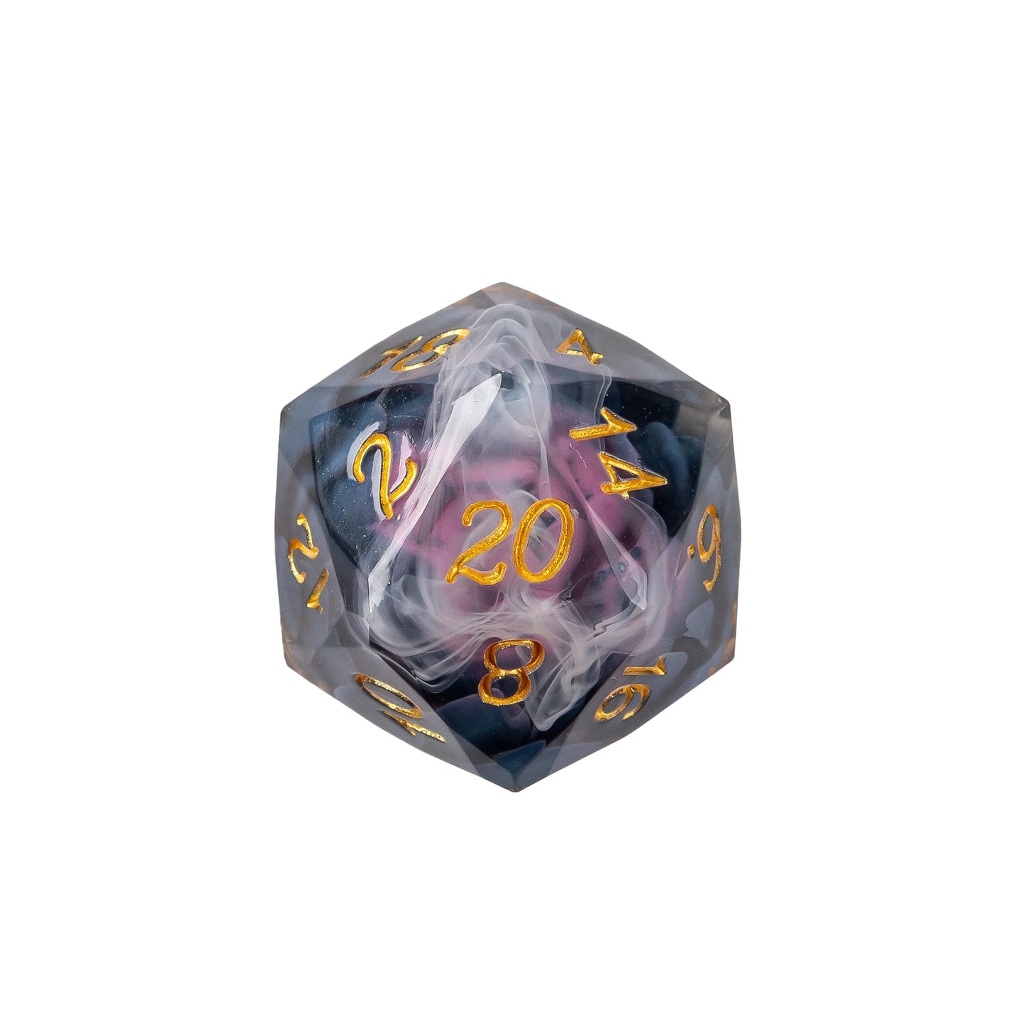 Phantom Lotus Sharp Edge Dice Set D20 featuring a dark lotus flower surrounded by swirling mist within translucent resin