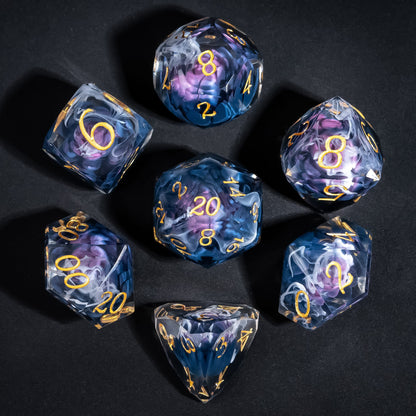Phantom Lotus Sharp Edge Dice Set flat lay featuring dark purple lotus flower inclusions, swirling mist effects, and gold numbering