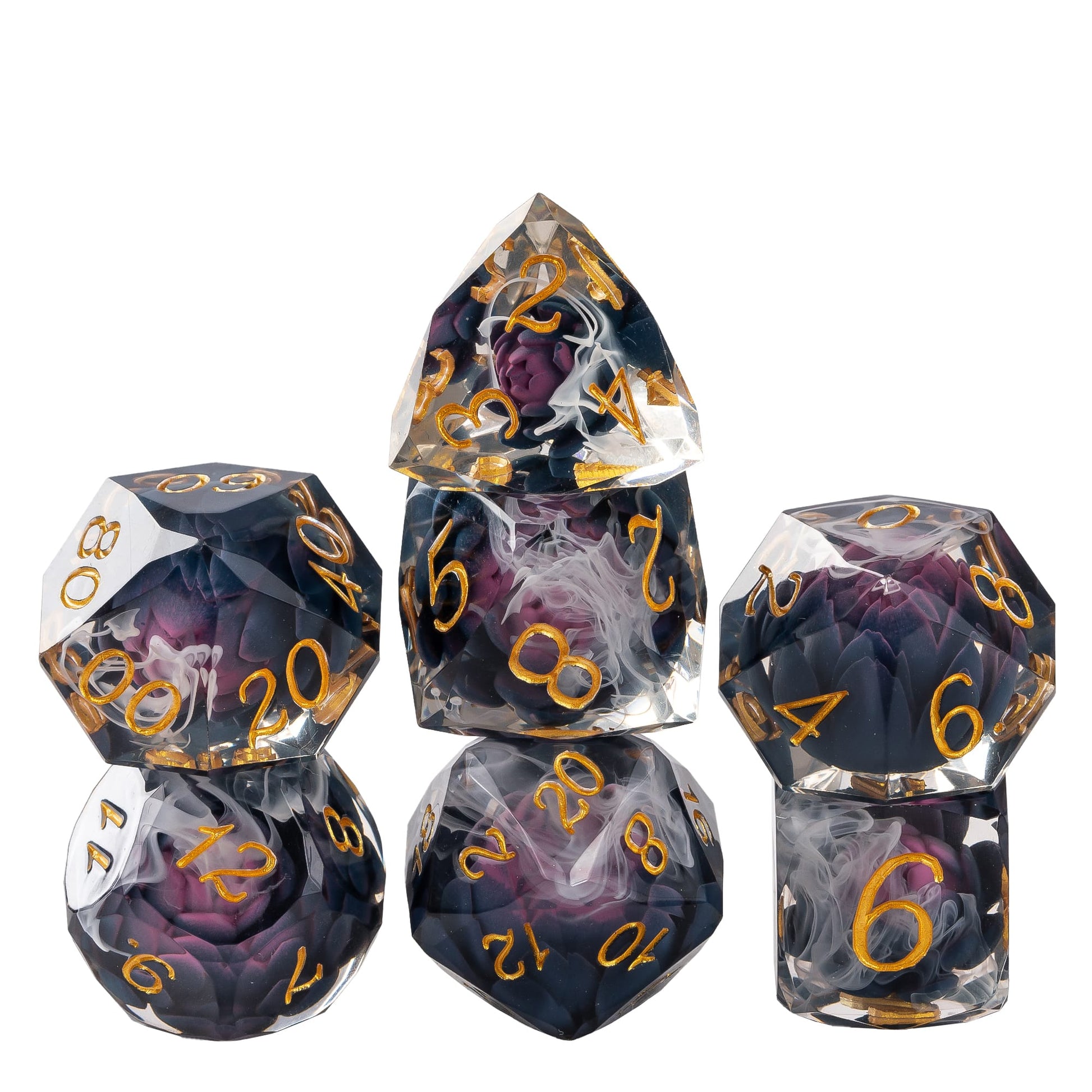Phantom Lotus Sharp Edge Dice Set stacked display showcasing dark lotus flower inclusions, mist effects, and gold numbering in sharp edge resin dice