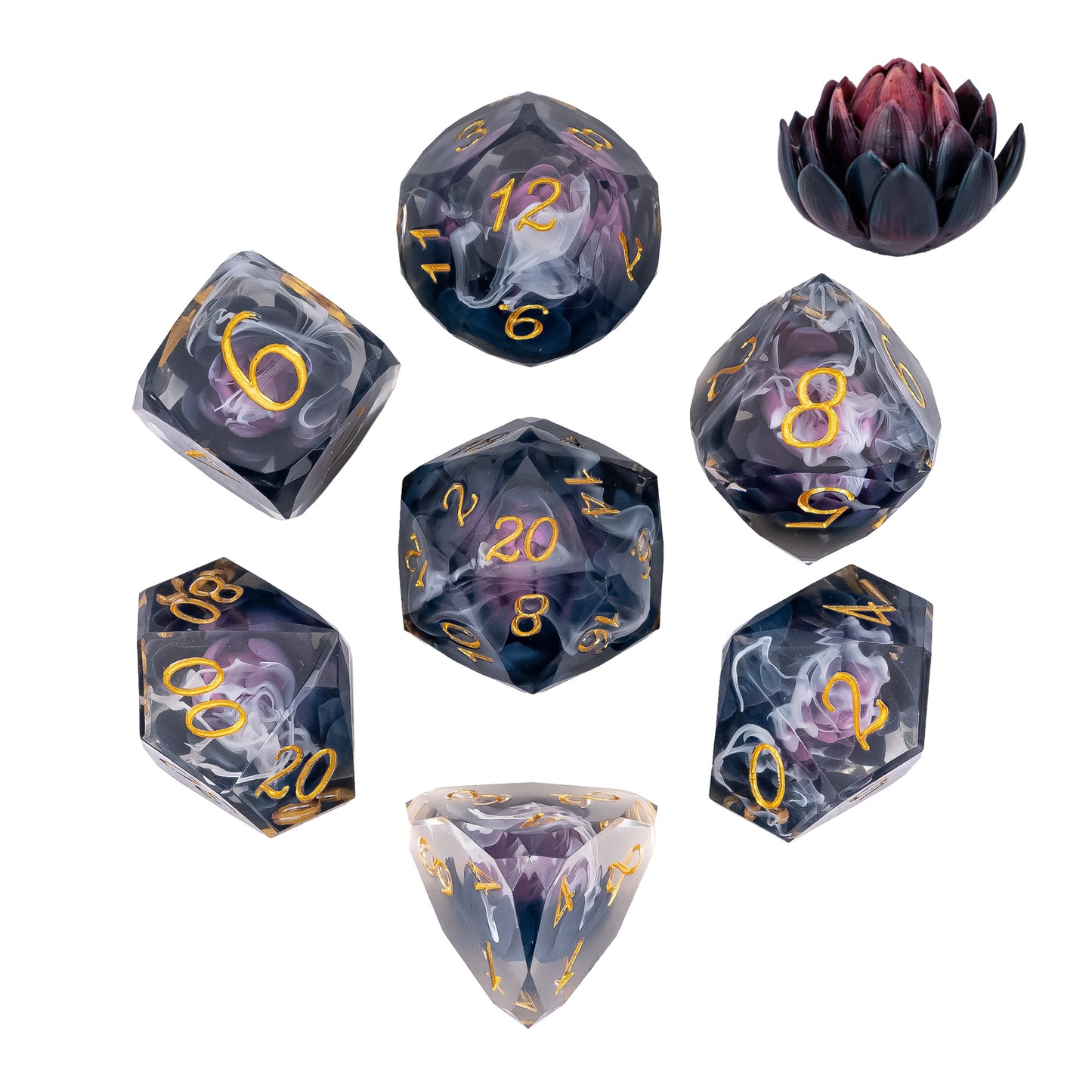 Phantom Lotus Sharp Edge Dice Set with dark purple lotus flower inclusions, swirling mist effects, and gold numbering