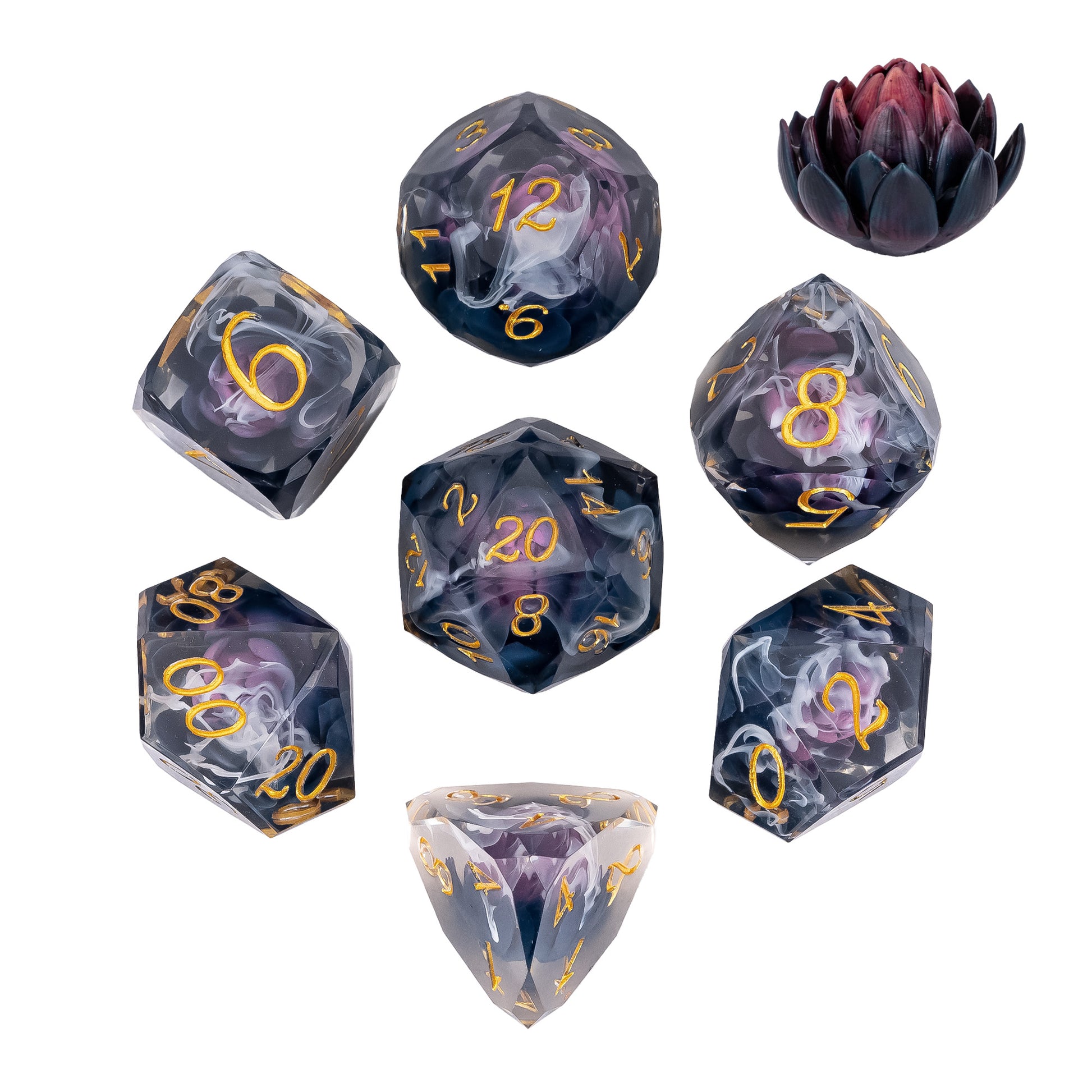 Phantom Lotus Sharp Edge Dice Set with dark purple lotus flower inclusions, swirling mist effects, and gold numbering