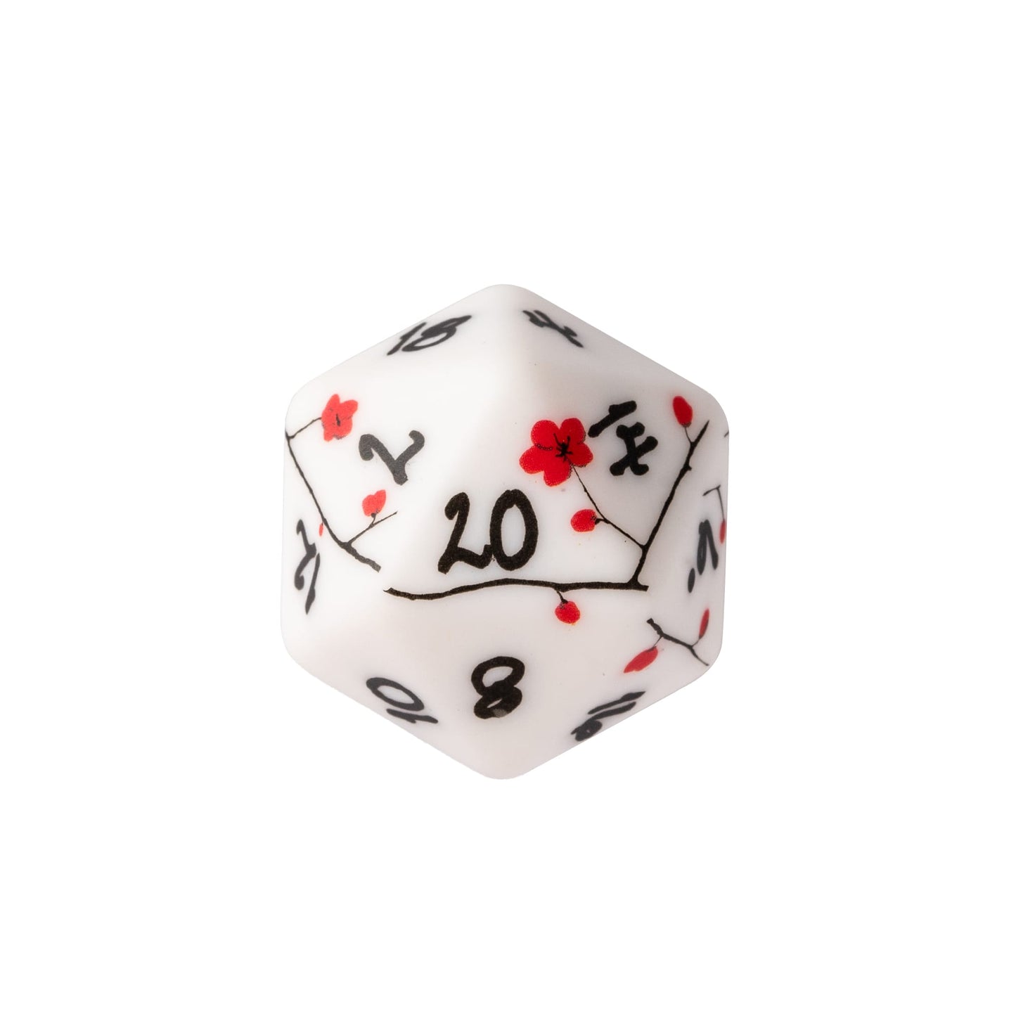 Plum Blossom D20 featuring elegant plum blossom artwork and floral-inspired black numbering on a resin die for DnD, fantasy campaigns, and tabletop RPGs