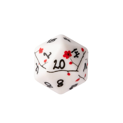 Plum Blossom D20 featuring elegant plum blossom artwork and floral-inspired black numbering on a resin die for DnD, fantasy campaigns, and tabletop RPGs