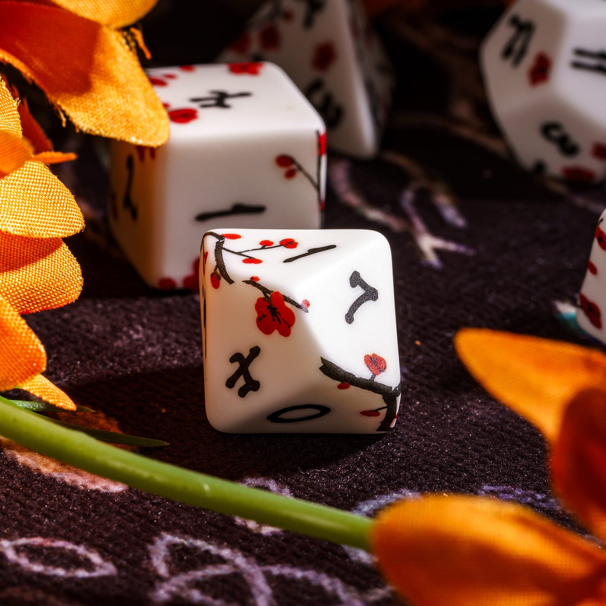 Plum Blossom Dice Set D6 focus with cherry blossom artwork for DnD & DnD 5e