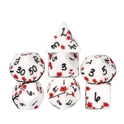 Stacked display of Plum Blossom Dice Set showing floral designs for DnD & DnD 5e