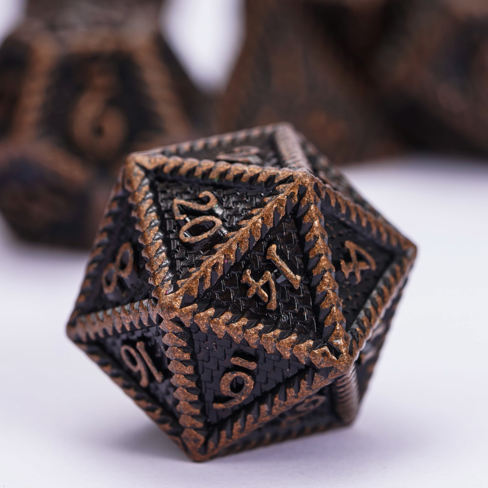 Predator's Maw Ancient Copper D20 dice close-up, detailed 20-sided metal die for DnD & DnD 5e