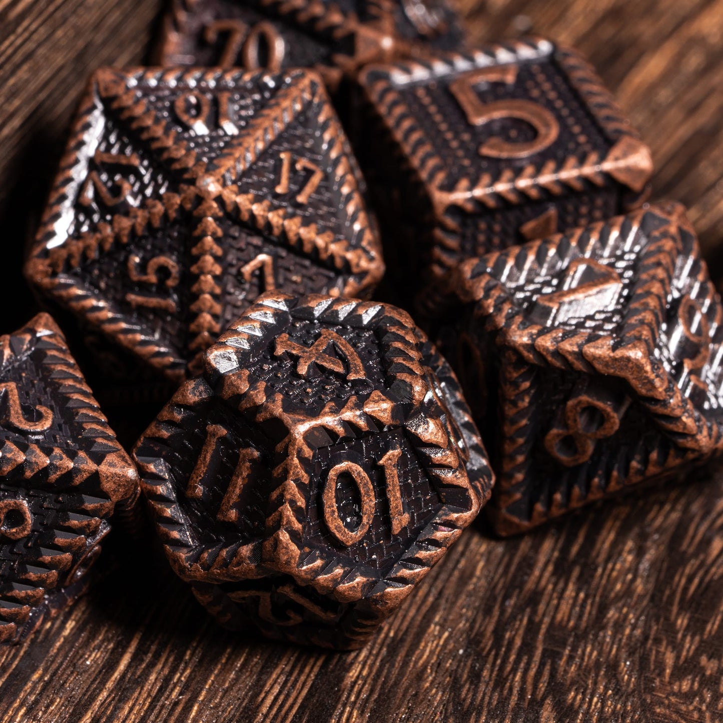 Predator's Maw Dice Collection in Ancient Copper, full 7 piece metal dice set for DnD & DnD 5e