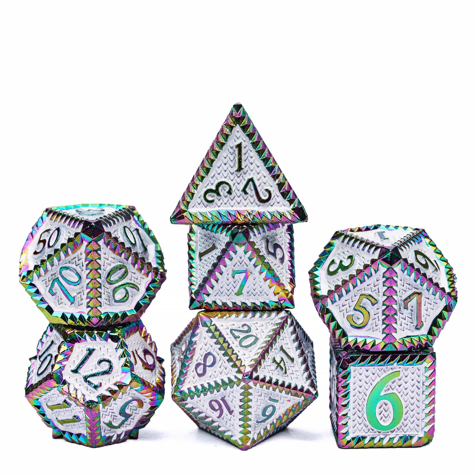 Predator's Maw Dice Collection in Colorful finish, 7 piece metal dice set for DnD & DnD 5e