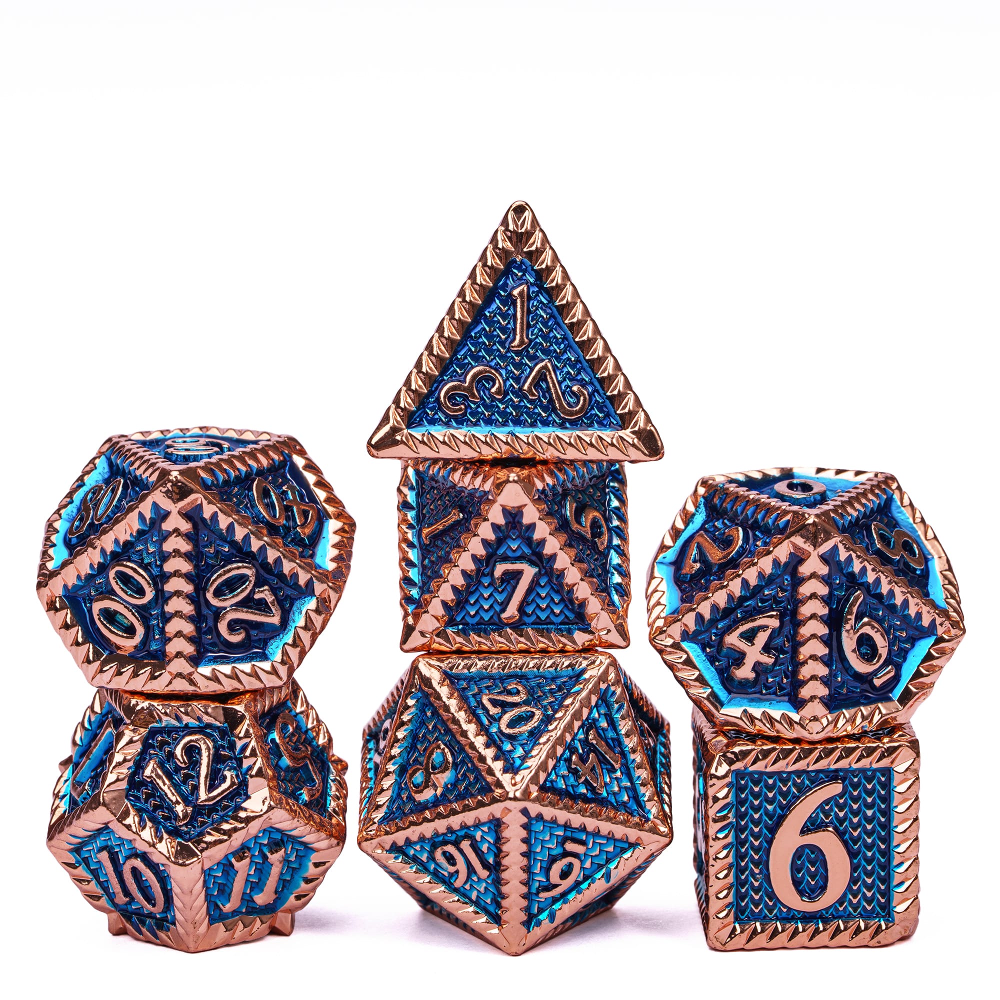 Predator's Maw Dice Collection in Copper Blue finish, 7 piece metal dice set for DnD & DnD 5e