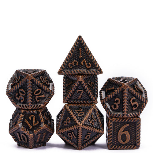 Predator's Maw Dice Collection in Red Copper finish, 7 piece metal dice set for DnD & DnD 5e