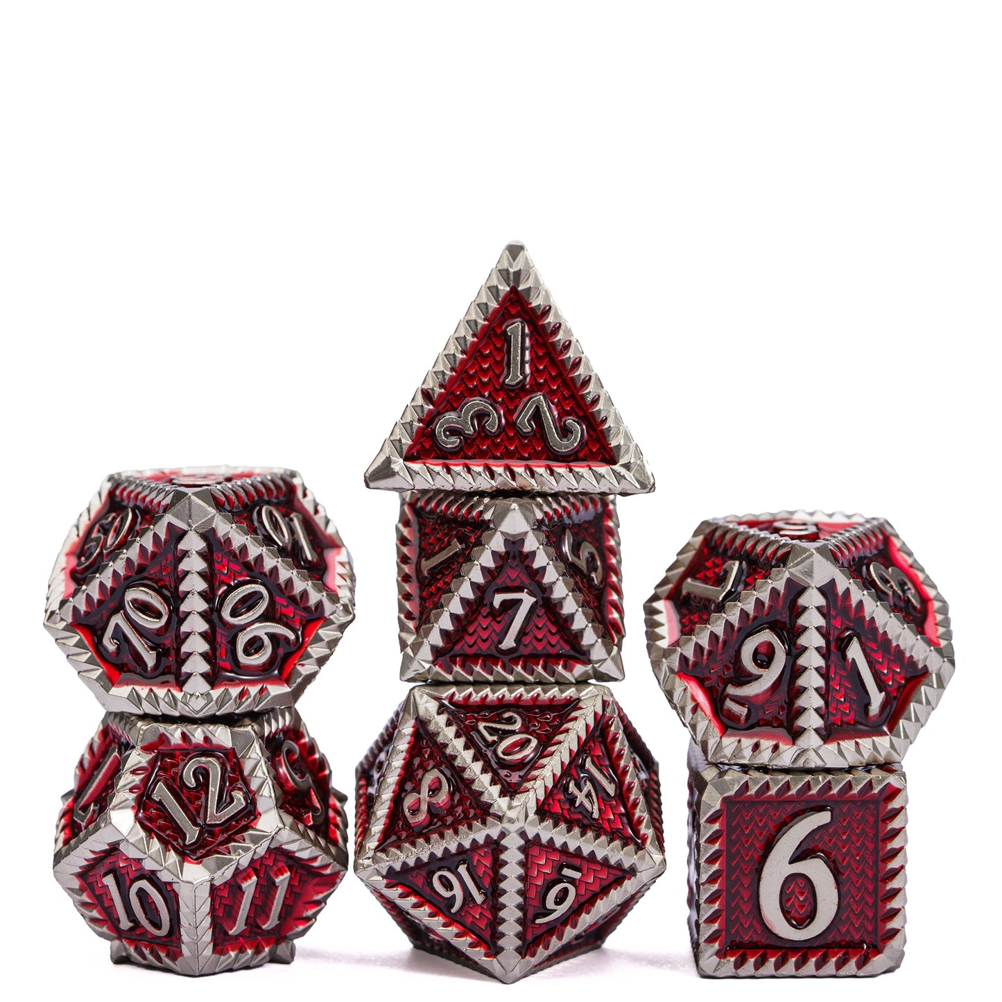 Predator's Maw Dice Collection in Silver Red finish, 7 piece metal dice set for DnD & DnD 5e