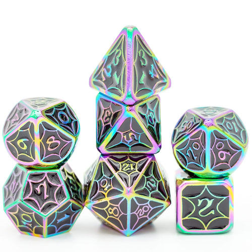 Stacked Prism Onyx metal dice set with rainbow anodized finish for DnD