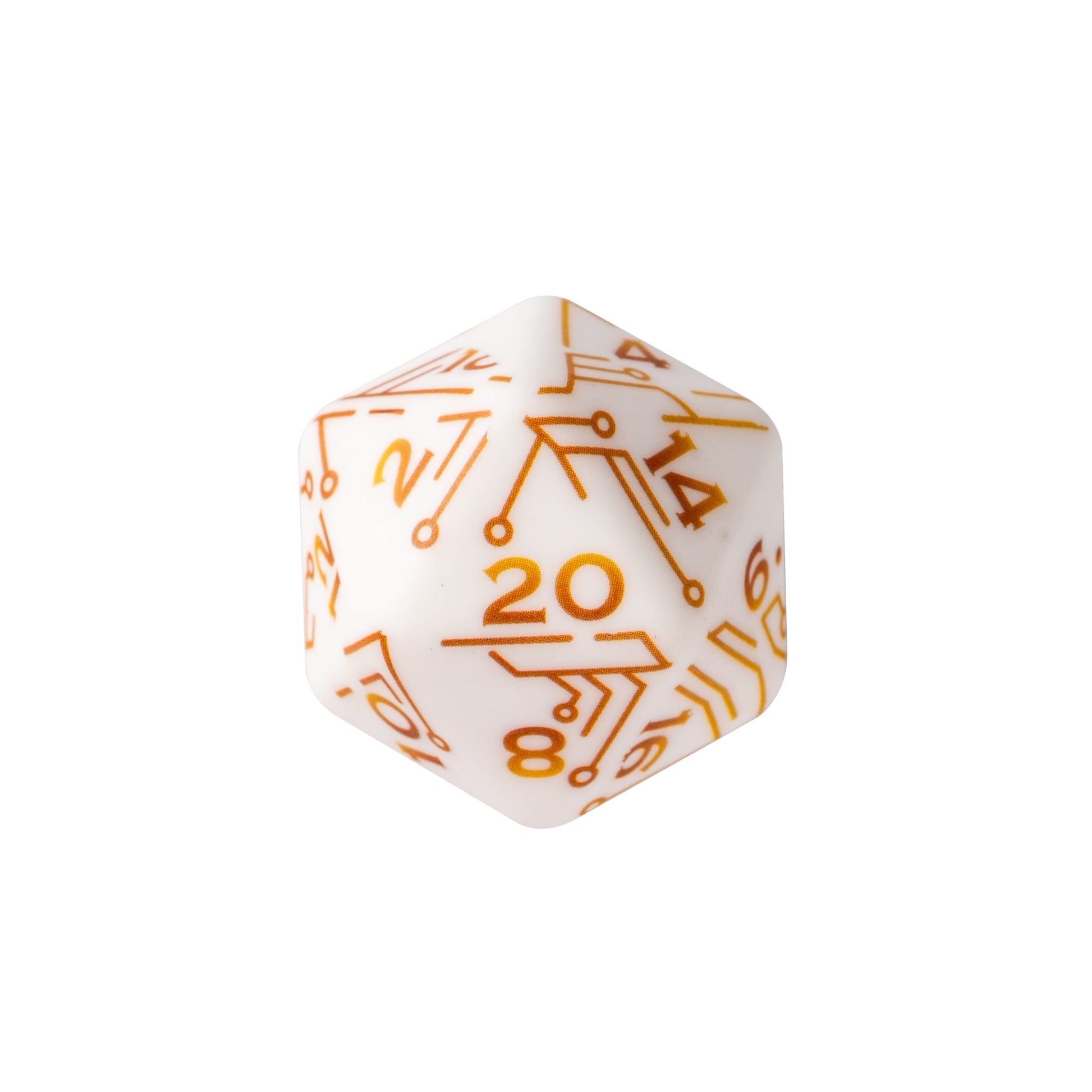 Quantum Quest D20 featuring futuristic circuit-inspired artwork with metallic orange numbering on a white resin die for DnD
