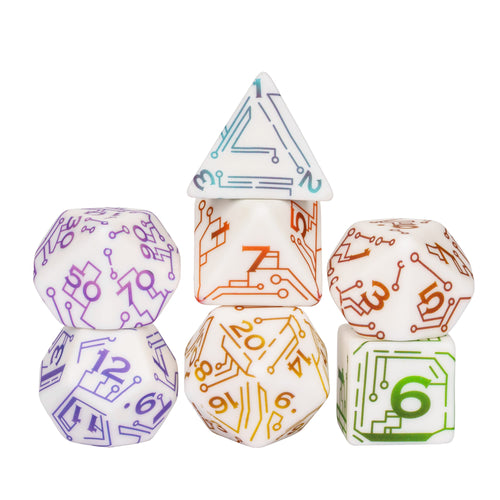 Stacked house formation of Quantum Quest Dice Set showing circuit-themed numbers for DnD & DnD 5e