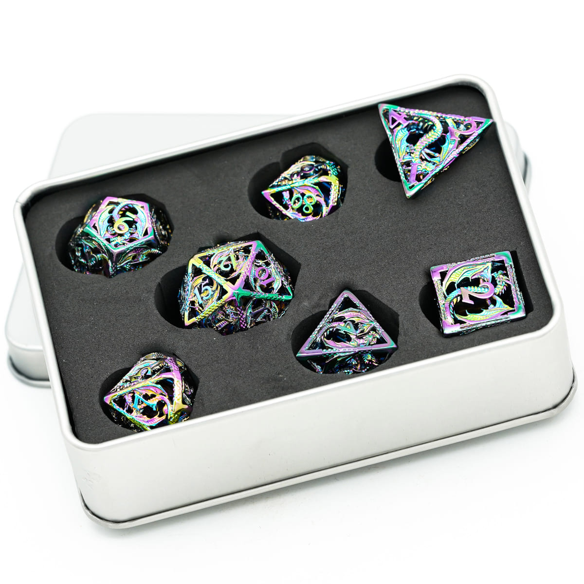 Radiant Prismatic Dragon hollow dice set stored in protective metal case for tabletop gaming