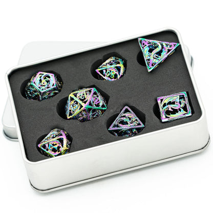 Radiant Prismatic Dragon hollow dice set stored in protective metal case for tabletop gaming