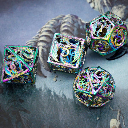 Detailed view of dragon-themed hollow metal dice with prismatic finish