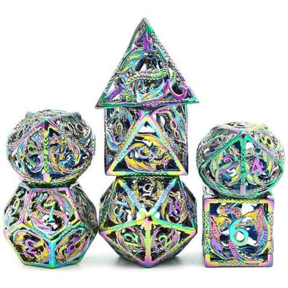 Radiant Prismatic Dragon full hollow metal dice set for DND and tabletop RPGs