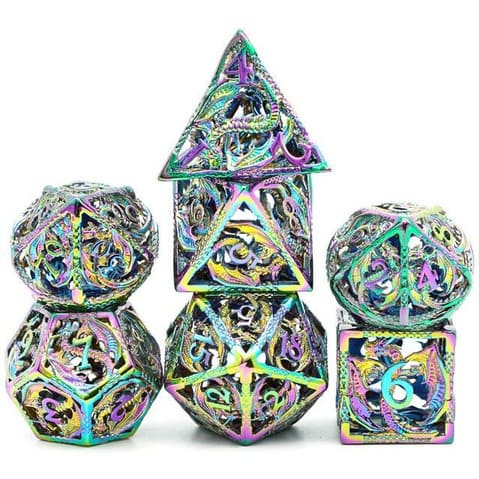 Radiant Prismatic Dragon full hollow metal dice set for DND and tabletop RPGs