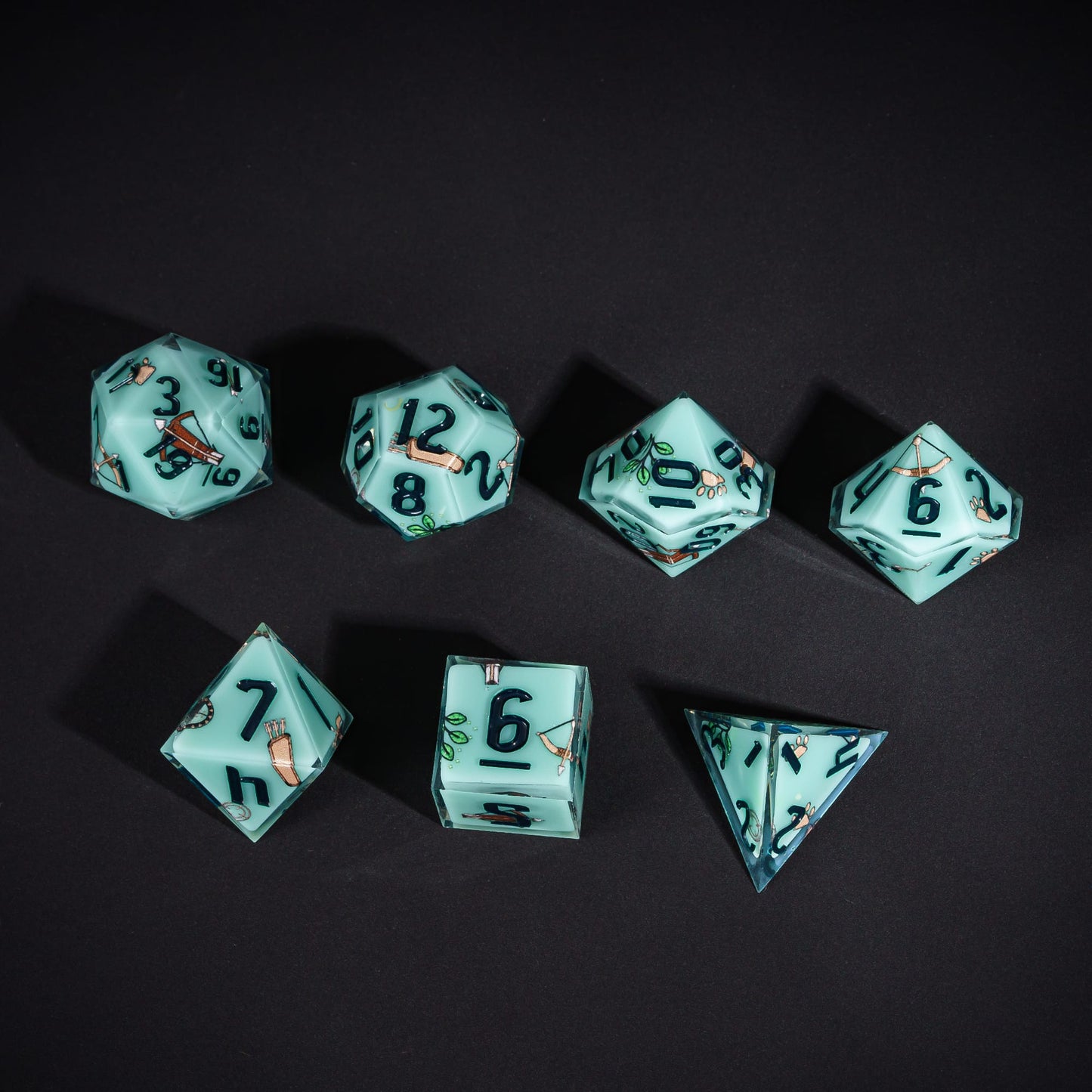Green Ranger Dice Set, 7 piece pastel polyhedral dice for tabletop roleplaying games