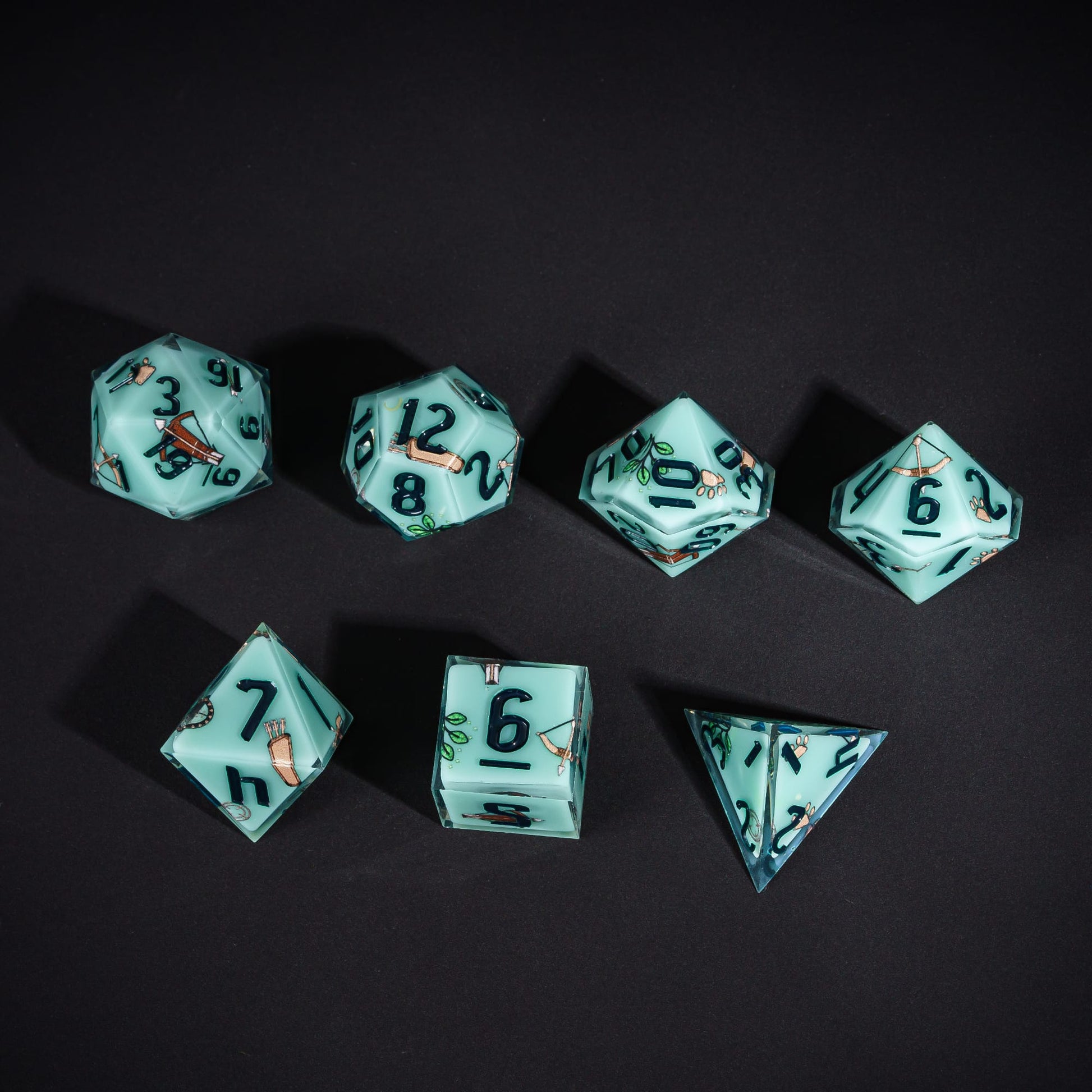 Green Ranger Dice Set, 7 piece pastel polyhedral dice for tabletop roleplaying games