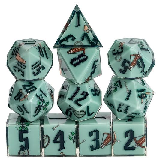 Green Ranger Dice Set, 11 piece pastel sharp edge dice for DND 5e players